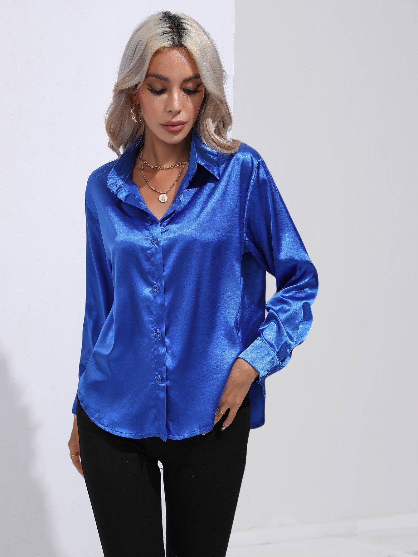 Satin Solid Color Button Front Lapel Shirt by Lakd London