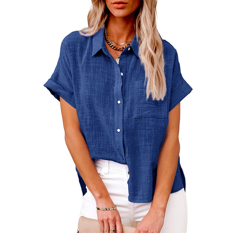 Womens Summer Lapel Short Sleeve Shirt | Solid Color Button Tops - LAKD London