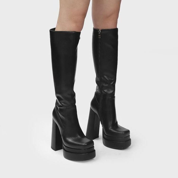 Womens American Platform Thick High Heel Boots | Thick Sole Leather Shoes