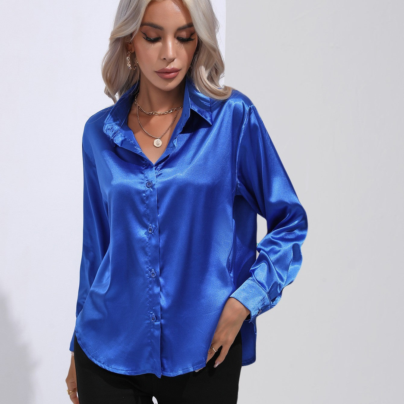 Satin Solid Color Button Front Lapel Shirt by Lakd London