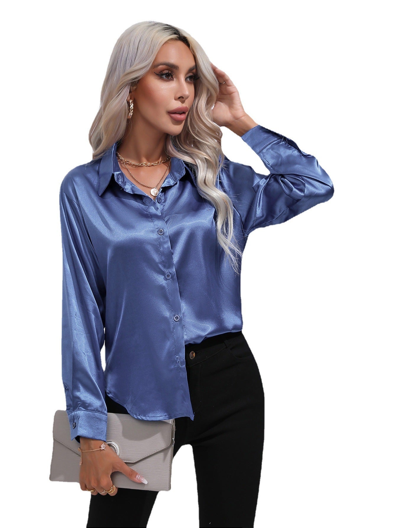 Women's Premium Satin Solid Color Button Front Lapel Blouse Shirt - LAKD London