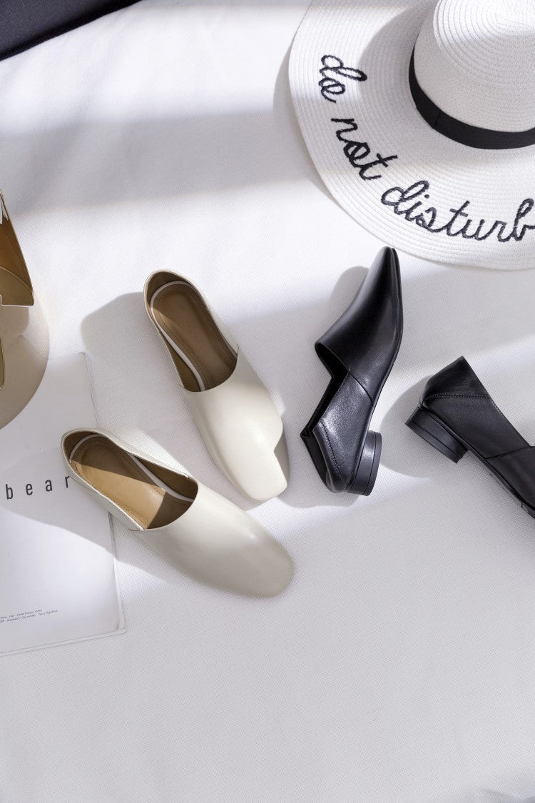 Women's Flat Sole Cowhide Shoes | Low-heel Deep Mouth Square Head Shoes