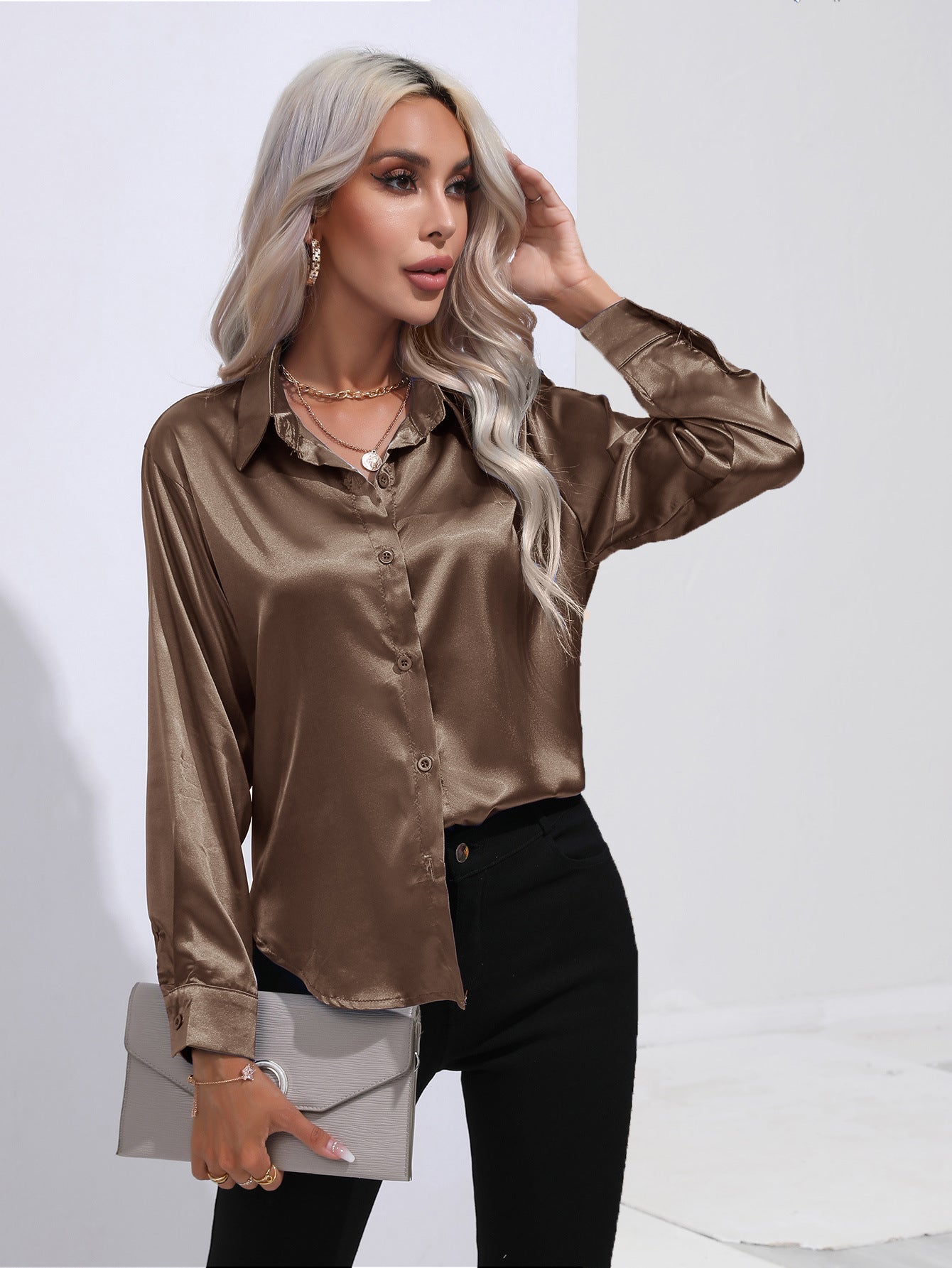 Satin Solid Color Button Front Lapel Shirt by Lakd London