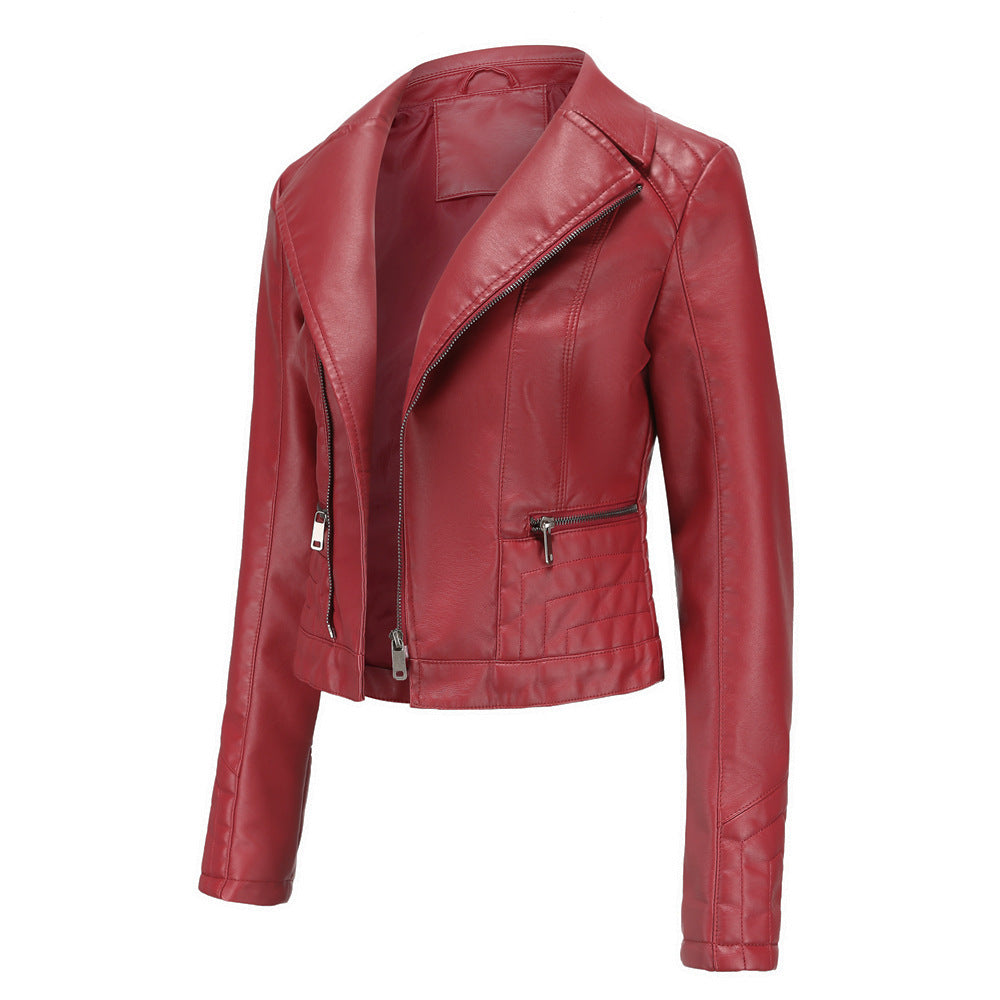 Womens Lapel Biker Washed PU Leather Jacket