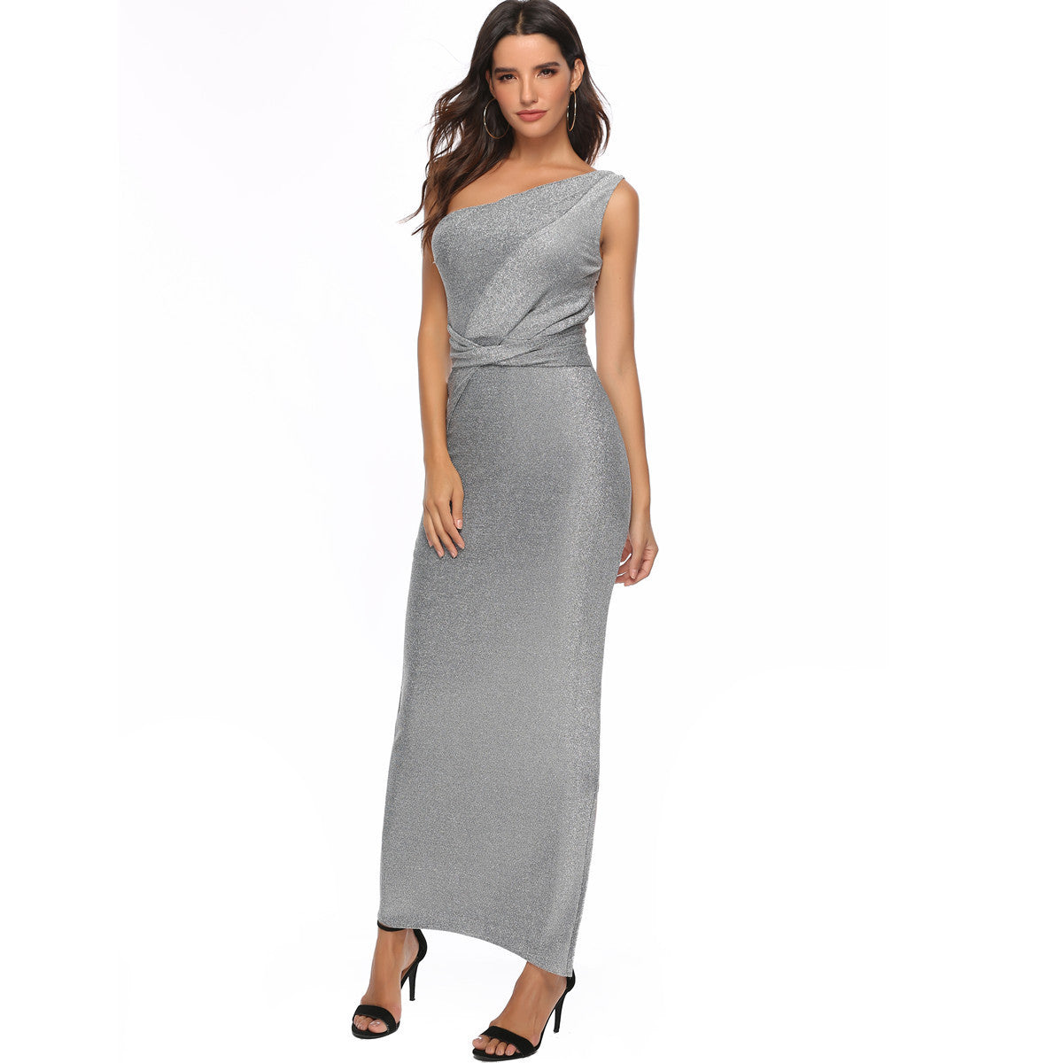 One-shoulder Bright Silk Elegant Plus Size Solid Color Dress by Lakd London
