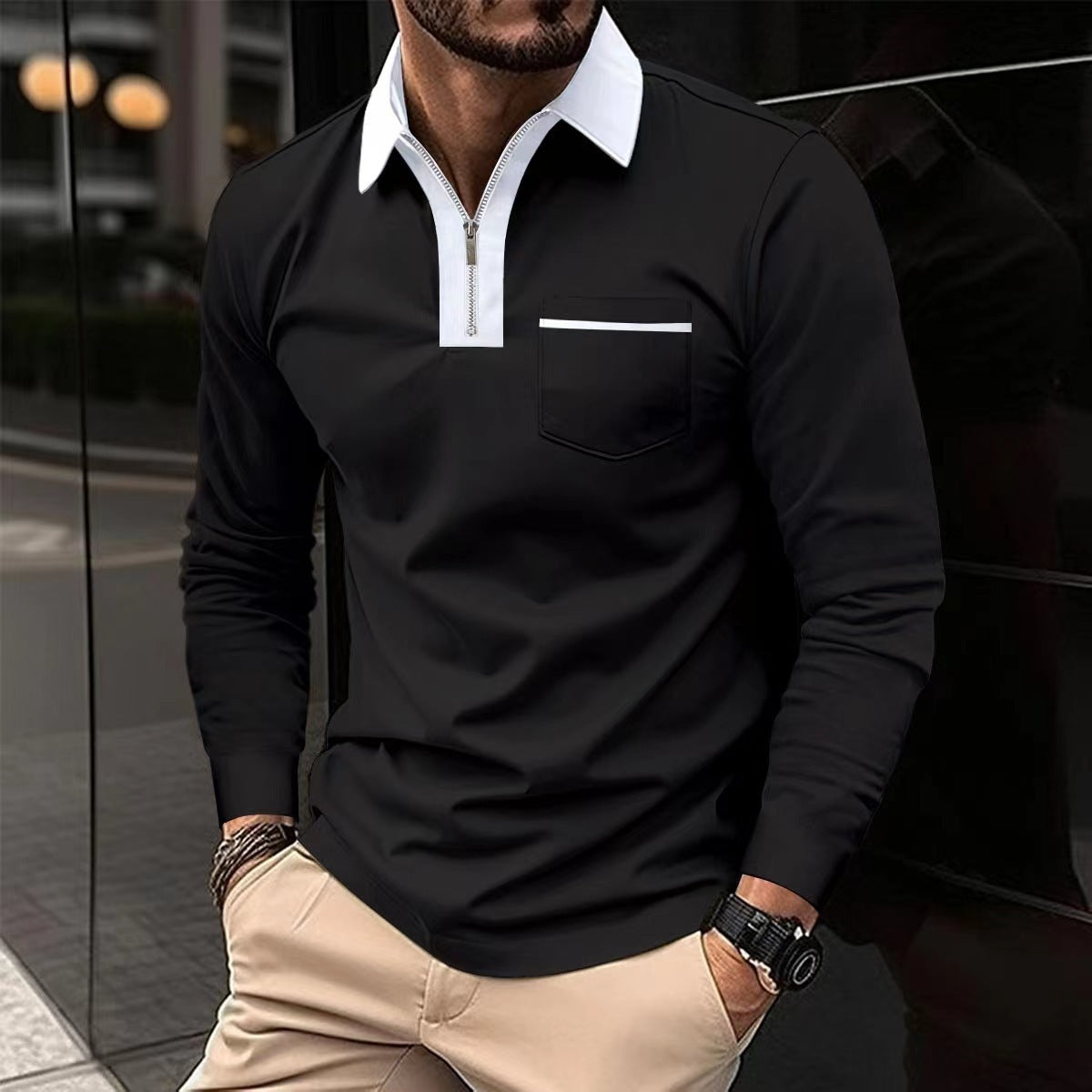 Mens Long Sleeve Zipper Polo Shirts Casual Lapel Henley by Lakd London