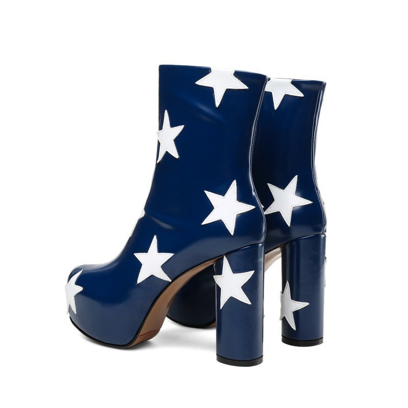 Womens Round Head Chunky High Heels Boot | Side Zipper Height Increasing