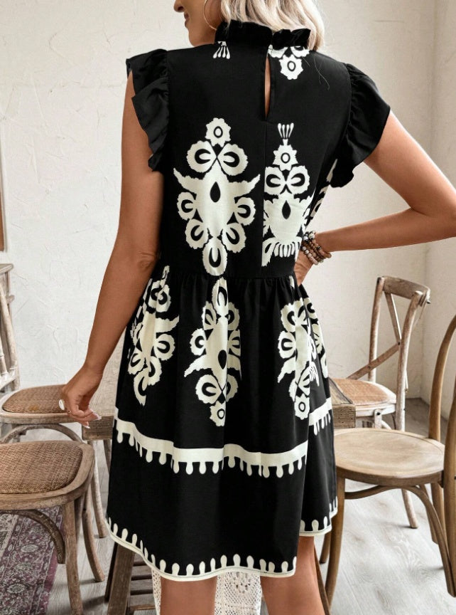 Floral Printed Ruffle Collar Flare Sleeve Loose Cake Dress by Lakd London