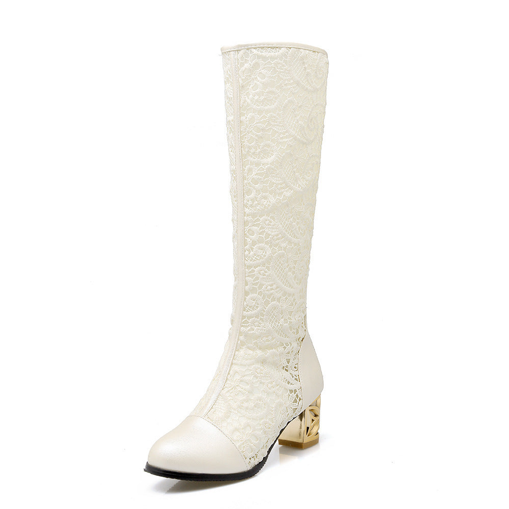 Womens Round Toe Stitching Lace Back-zip Boots | Chunky Heel Women's Sandals - LAKD London