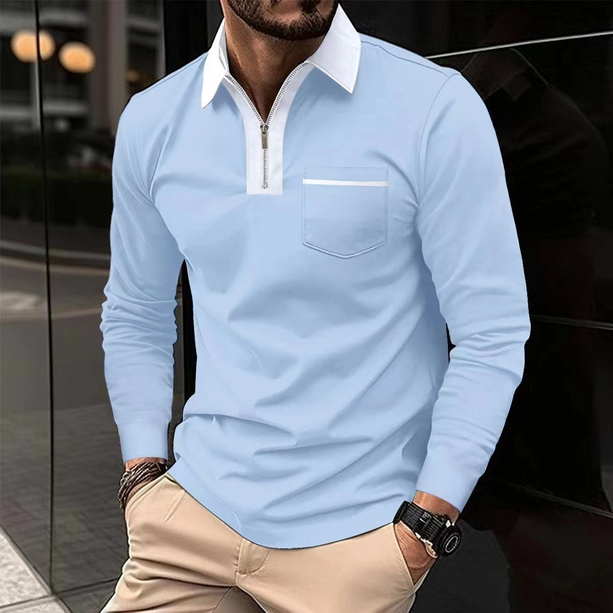 Mens Long Sleeve Zipper Polo Shirts Casual Lapel Henley by Lakd London