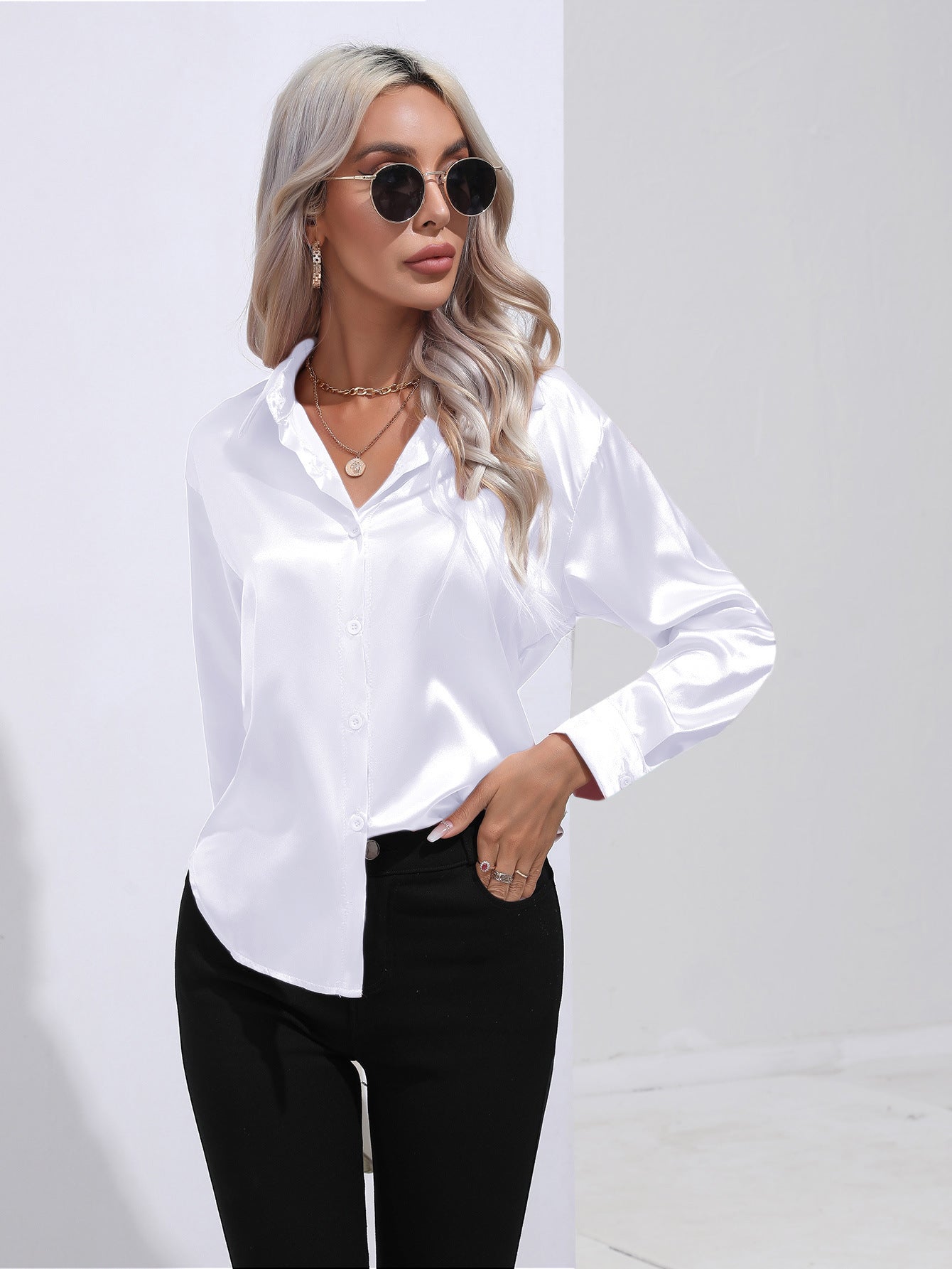 Satin Solid Color Button Front Lapel Shirt by Lakd London