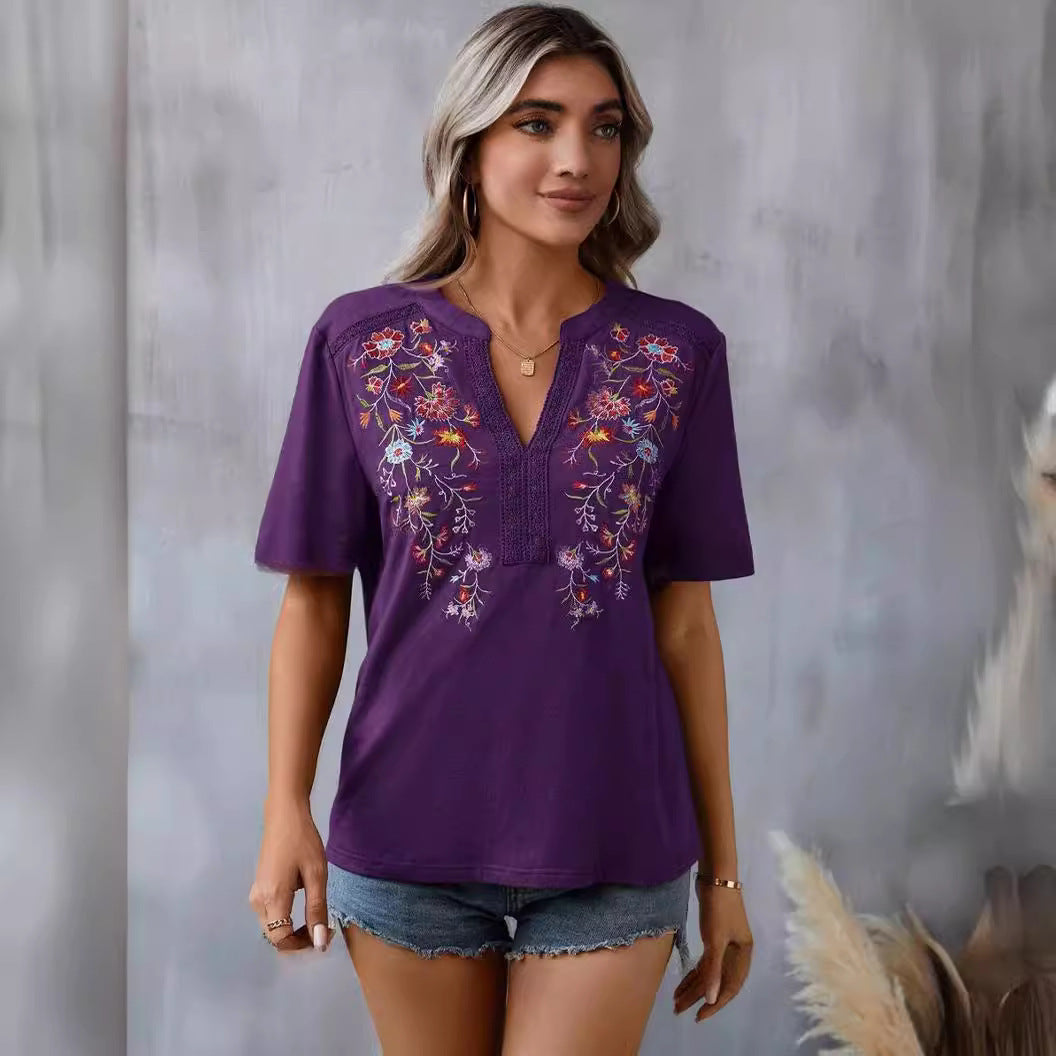 Womens Embroidery Short Sleeve Shirt | Summer Stitching Lace-collared Blouse