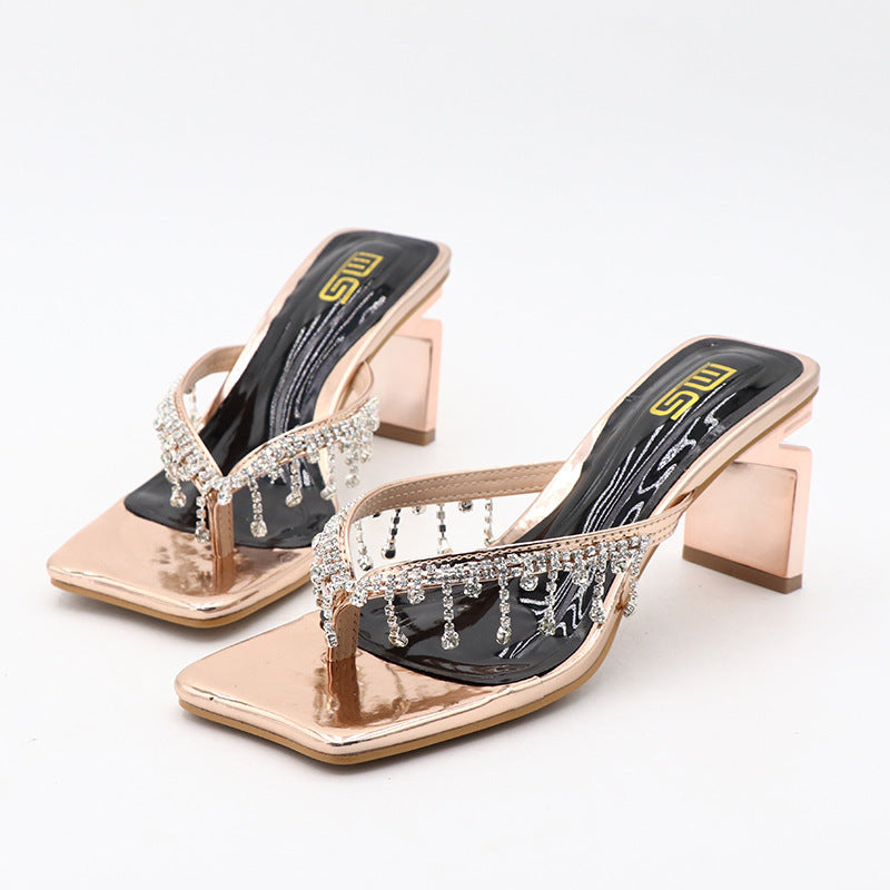 Womens Rhinestone High-heeled Sandal | Outdoor Square Toe Chunky Plus Size - LAKD London