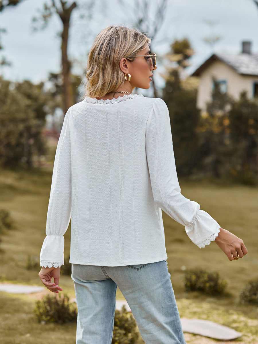 Womens Jacquard Lace V-neck T-shirt Casual Stitching Long Sleeve Top by Lakd London