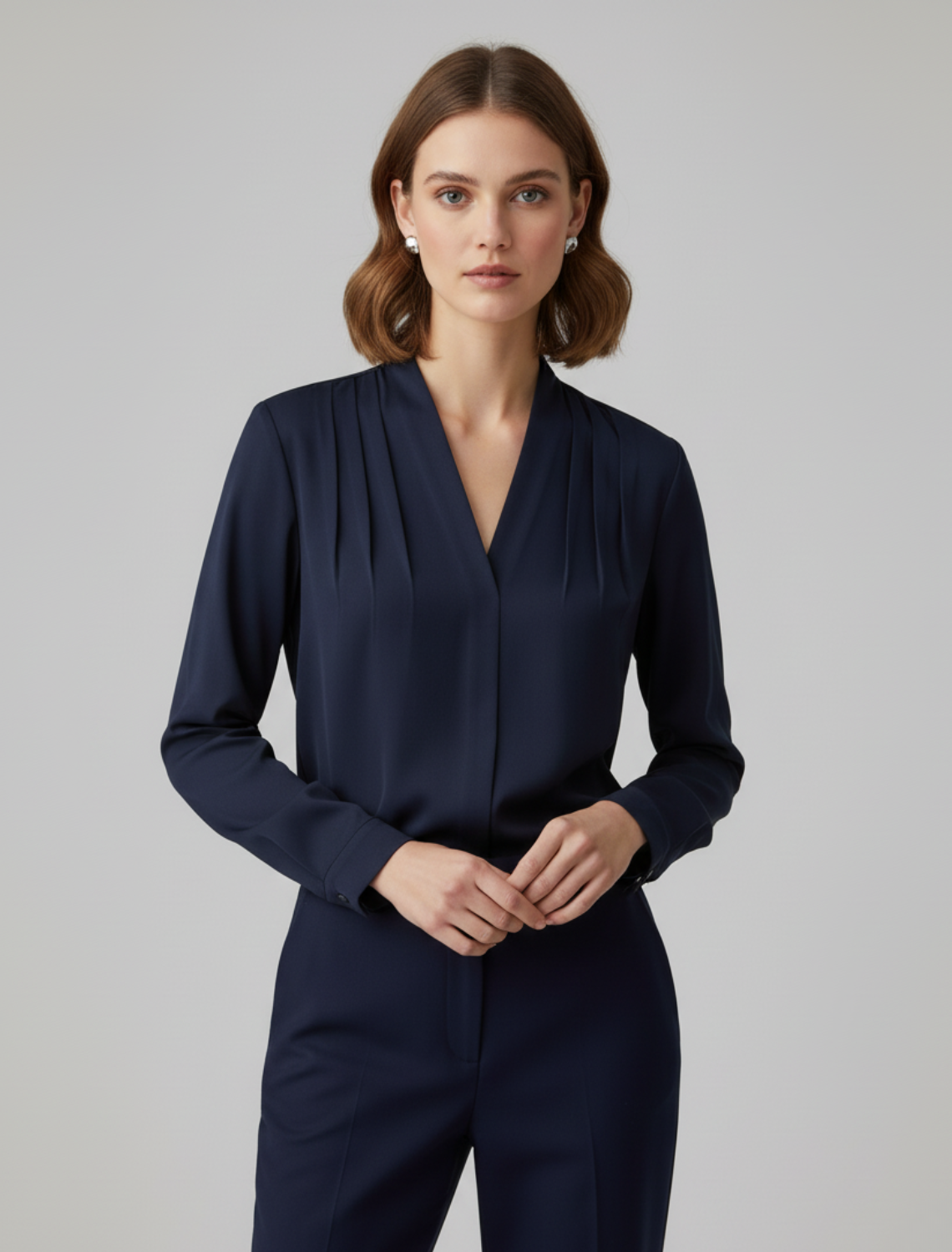 Women's Tailored V Neck Puff Sleeve Blouse Elegant Workwear Top
