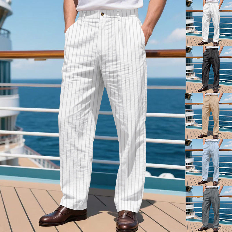 Mens Striped Loose Breathable Casual Cotton Trouser Pants