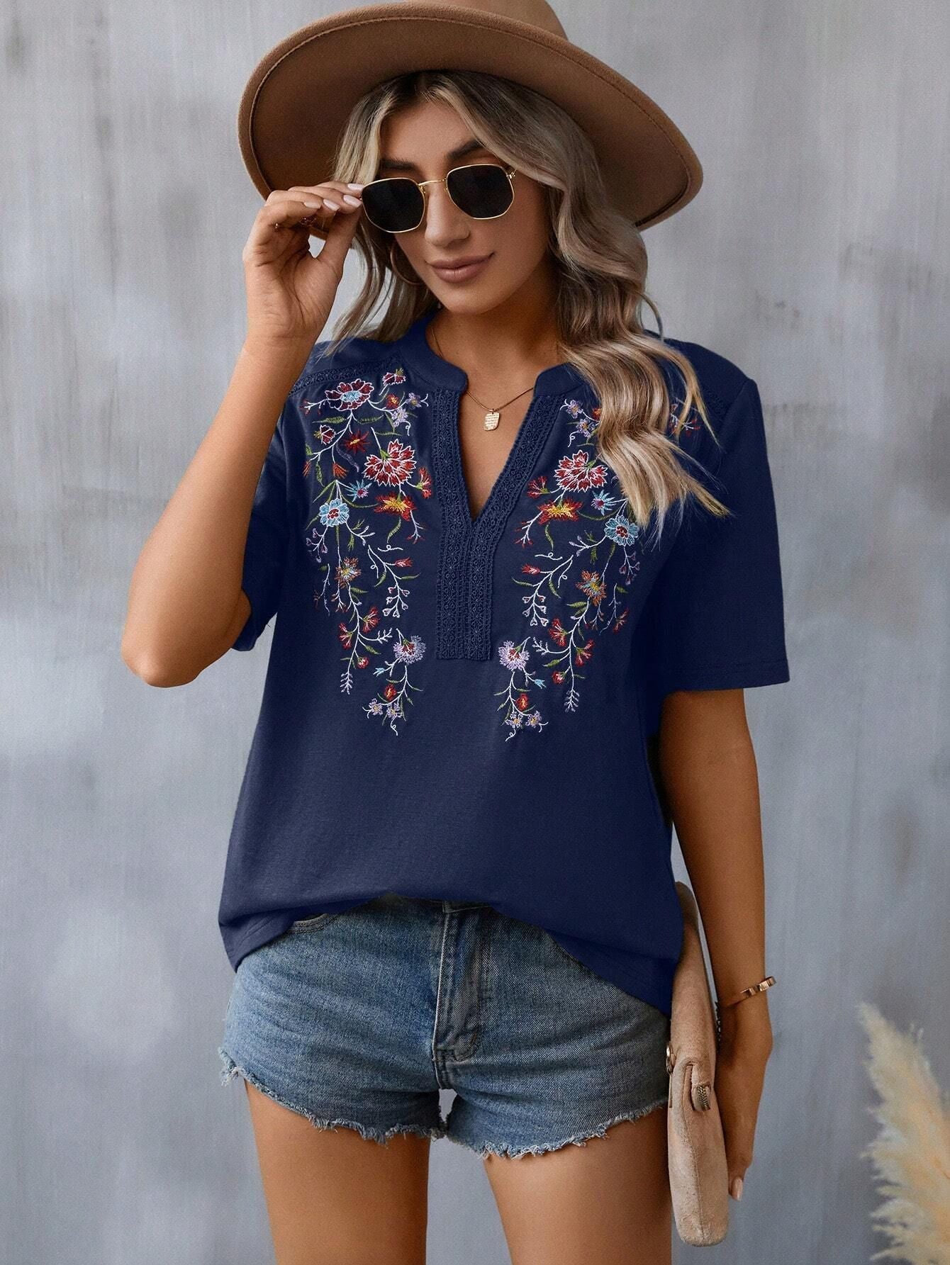 Womens Embroidery Short Sleeve Shirt | Summer Stitching Lace-collared Blouse