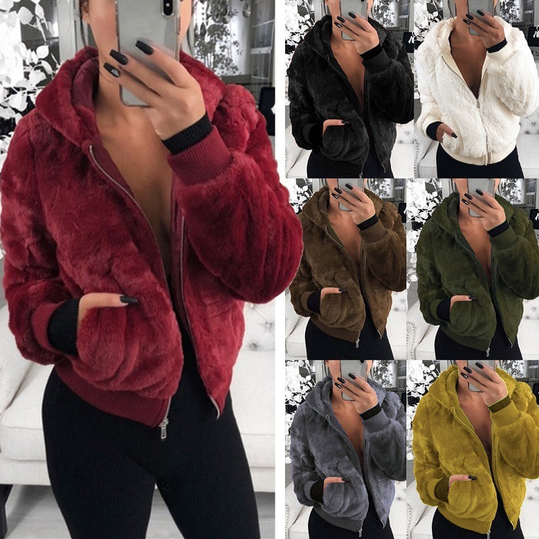 Women's Hooded Rabbit Faux Fur Plush Coat Bomber Jacket - LAKD London