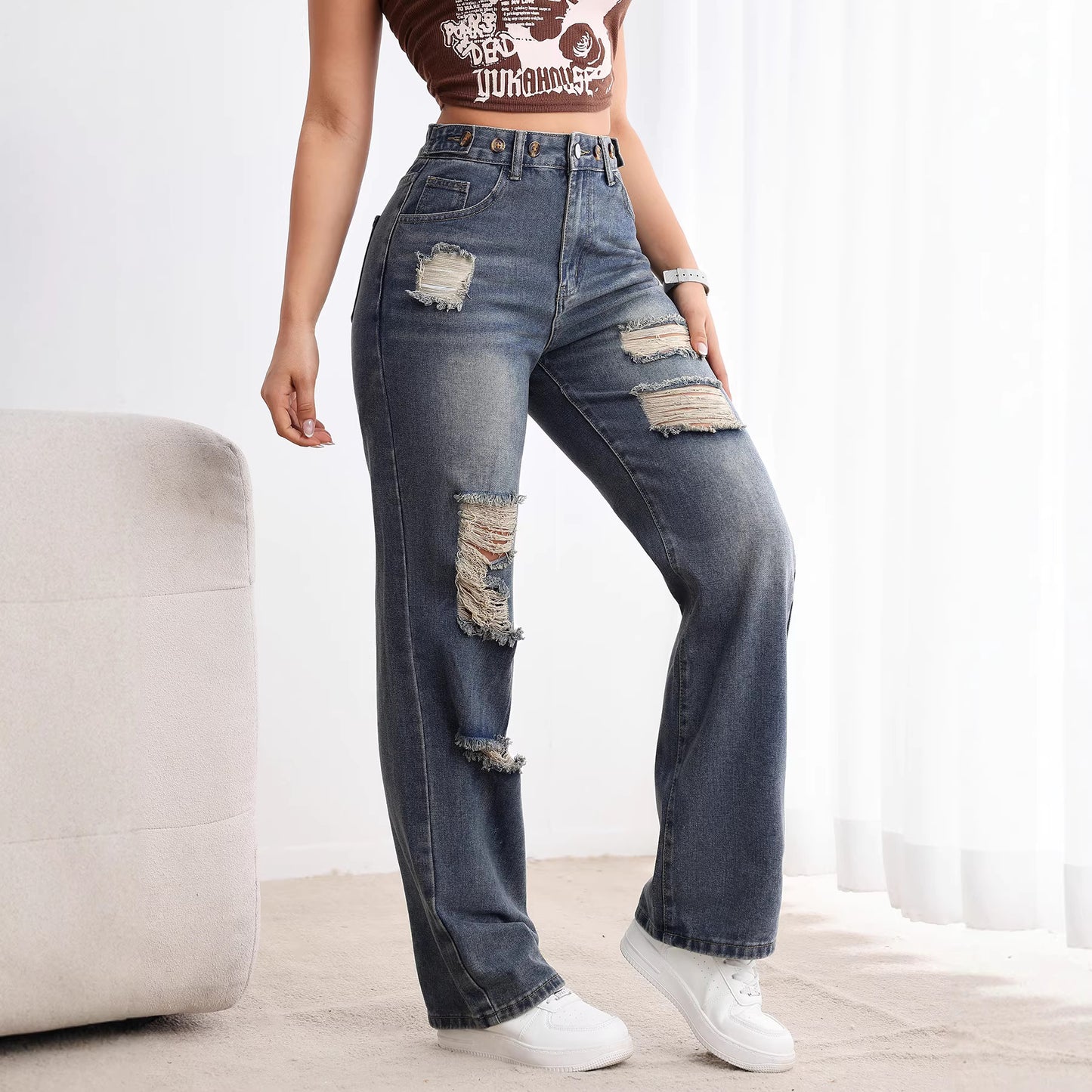 Womens High-waisted Straight-leg Ripped Jeans