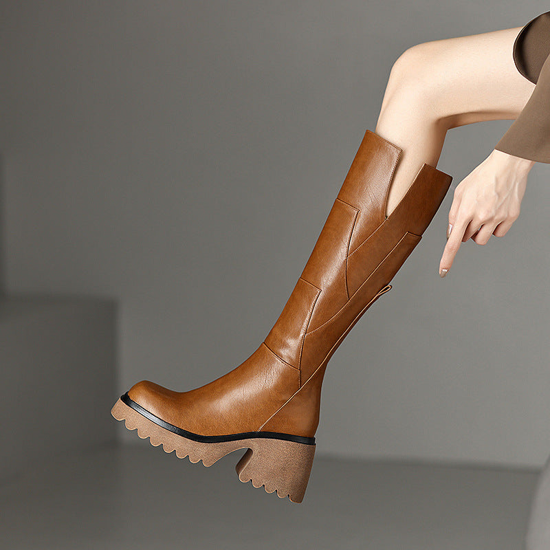 Women's Platform Below The Knee Boots | HIgh Leather Boots - Thick sole