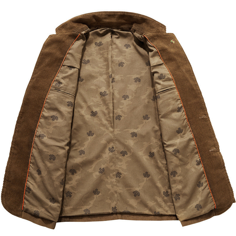 Mens Retro Casual Flat Solid Color Corduroy Coat
