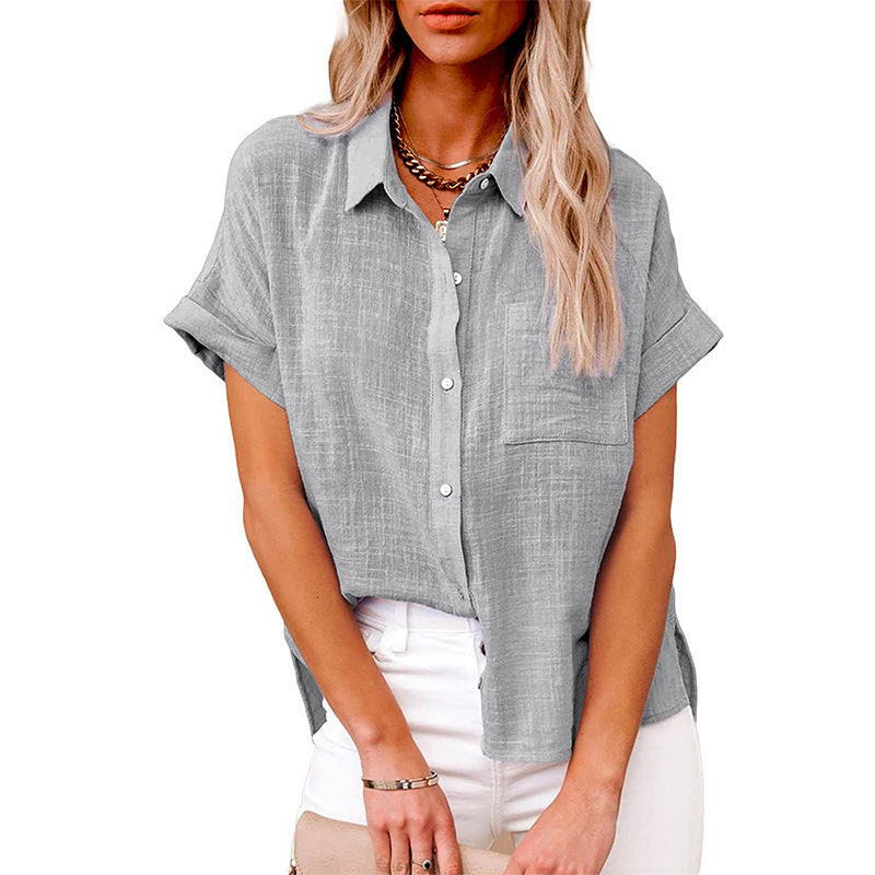 Womens Summer Lapel Short Sleeve Shirt | Solid Color Button Tops - LAKD London