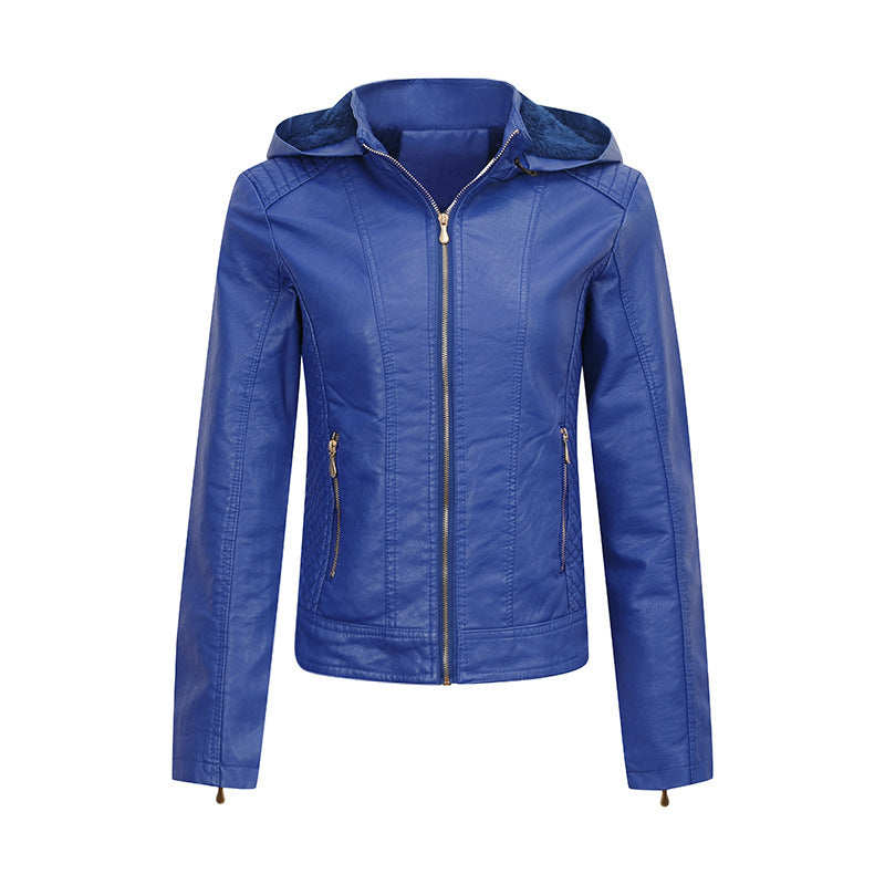 Womens Plush Thickened Hooded Slim Zipper Leather Jacket With Pockets | Long Sleeve Outwear Winter Coat