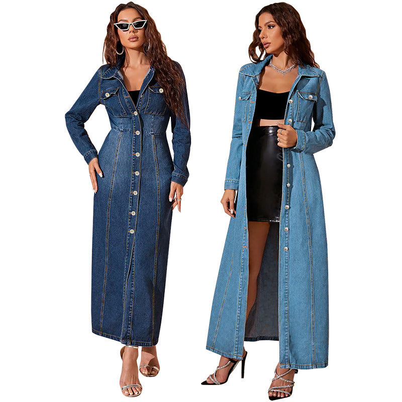 Women's Denim Button Down Cardigan Maxi Dress Casual Street Style
