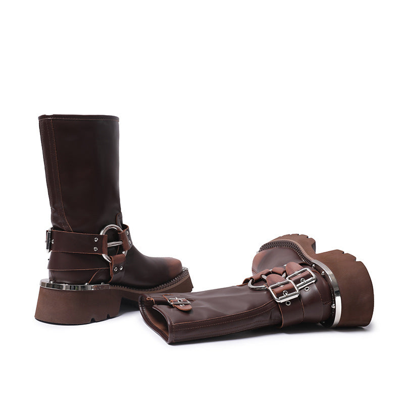 Womens Chunky Height Increasing Boots | Leather Western Denim Ankle Boots