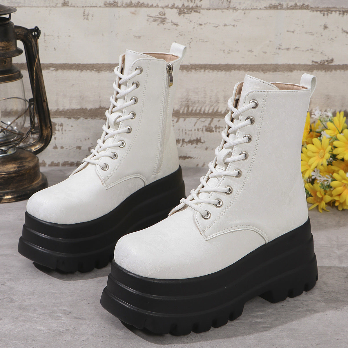 Women's Chunky Platform Plus Round Toe Patchwork Retro Martin Boots