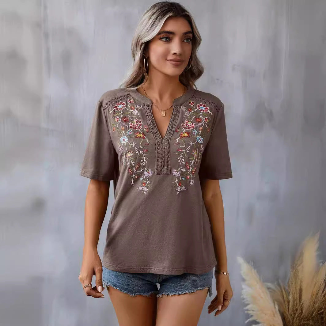 Womens Embroidery Short Sleeve Shirt | Summer Stitching Lace-collared Blouse