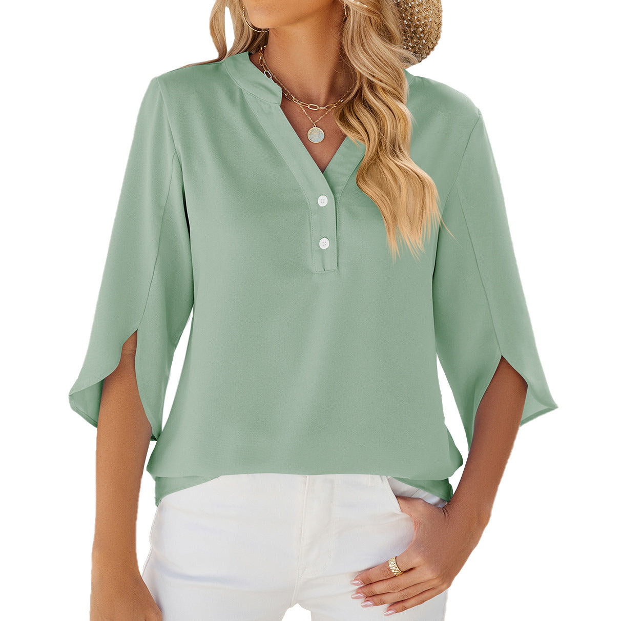 Womens Button V-neck Mid-sleeve Chiffon Shirt Solid Color Top by Lakd London