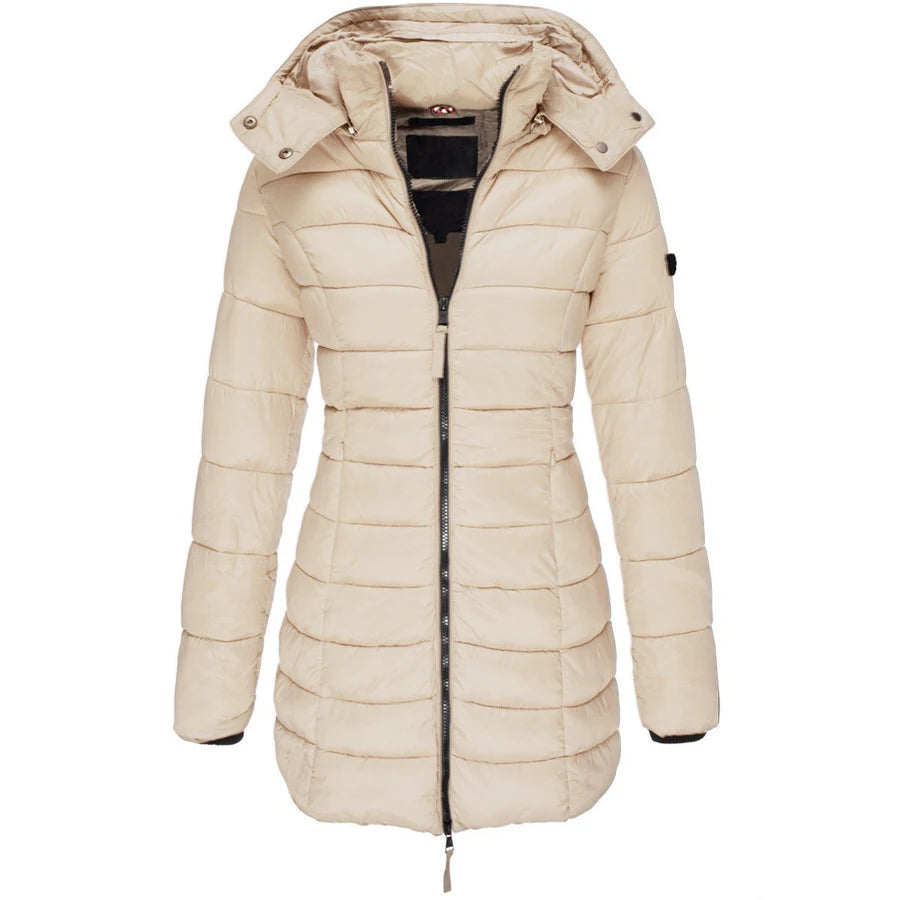 Womens Padded Zipper Jacket | Hooded Cotton Long Sleeve Parka Coat