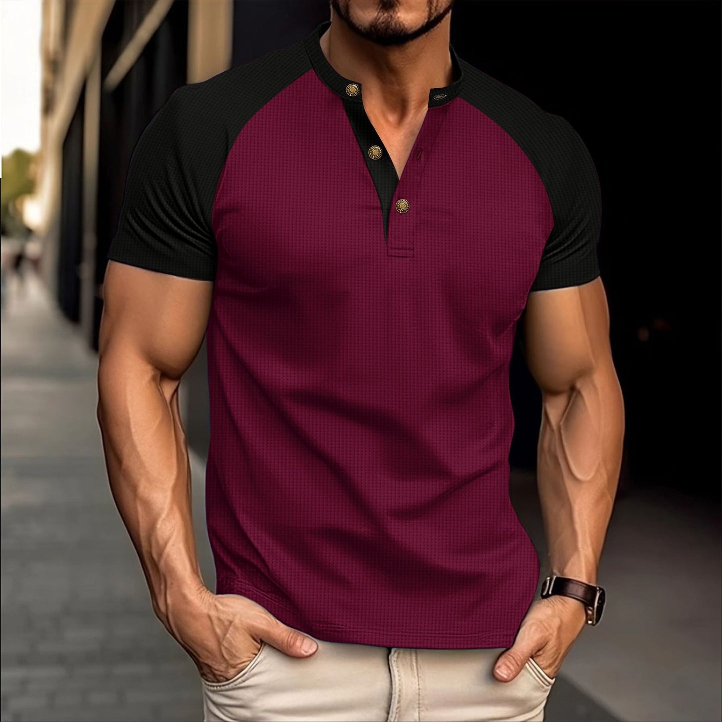 Men's Slim-fit Breathable Tee | Casual Waffle Round Neck Short-sleeved T-shirt