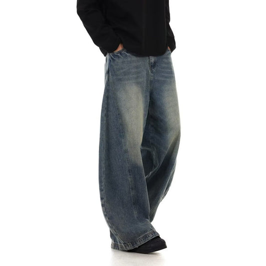 Mens Retro Washed Jeans | Comfy Wide Leg Loose Pants
