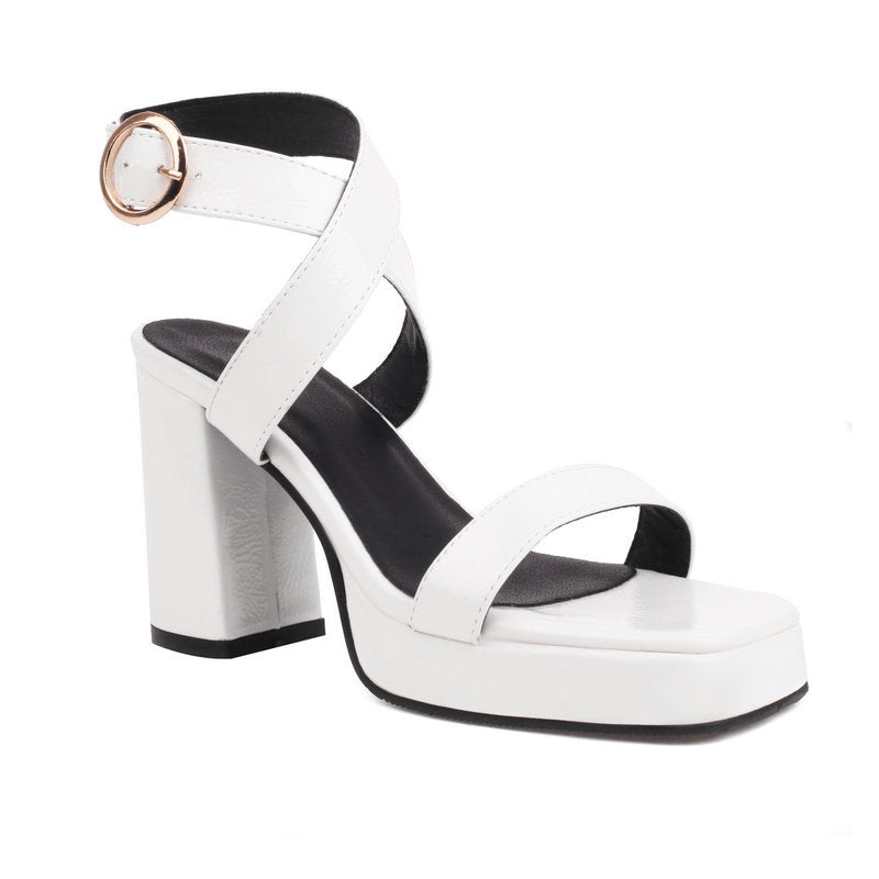 Womens Square Toe Cross Buckle Chunky Heel Summer Sandals