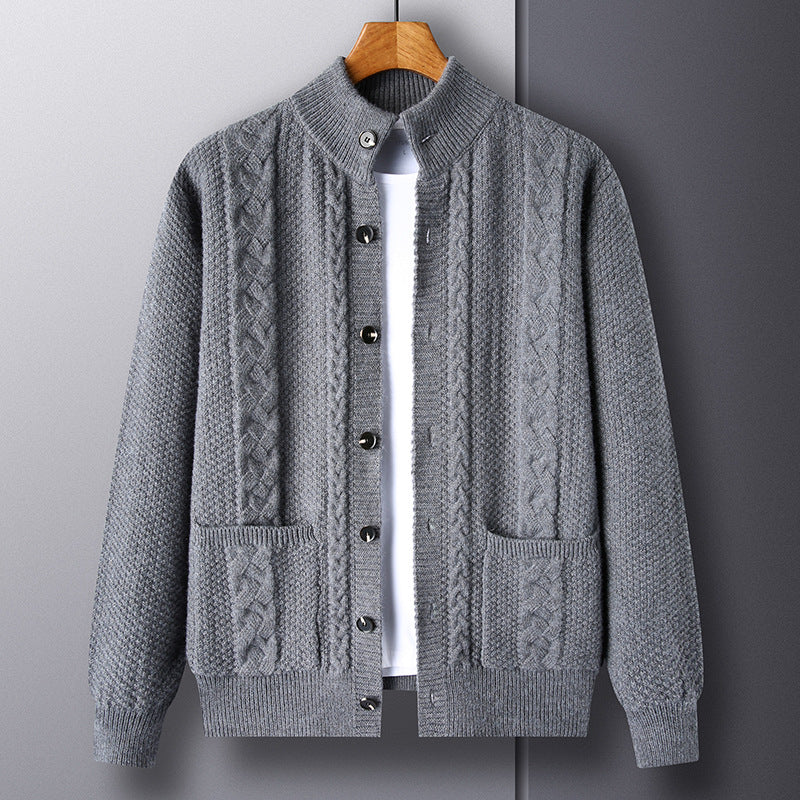 Mens Thick Knit Cardigan Retro Jacquard Loose-fitting Sweater