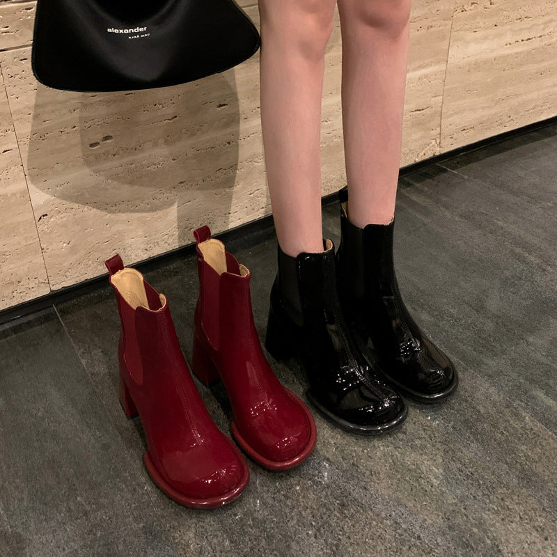 Womens Glossy Chimney Boots | Thick Heels And Patent Leather Short Boots