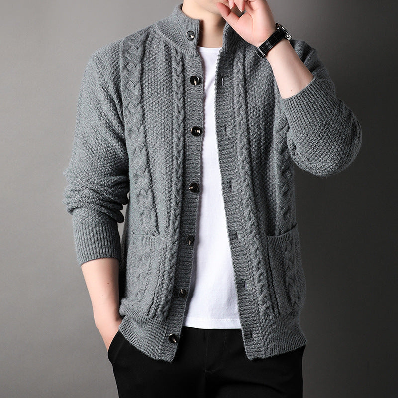 Mens Thick Knit Cardigan Retro Jacquard Loose-fitting Sweater
