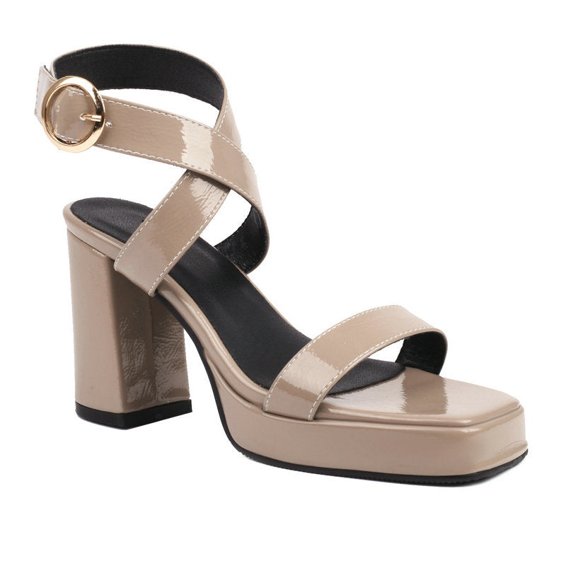 Womens Square Toe Cross Buckle Chunky Heel Summer Sandals