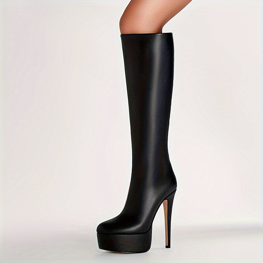 Womens High Tube Stiletto Heel Thick Bottom Boots | Stylish Leather & Zipper