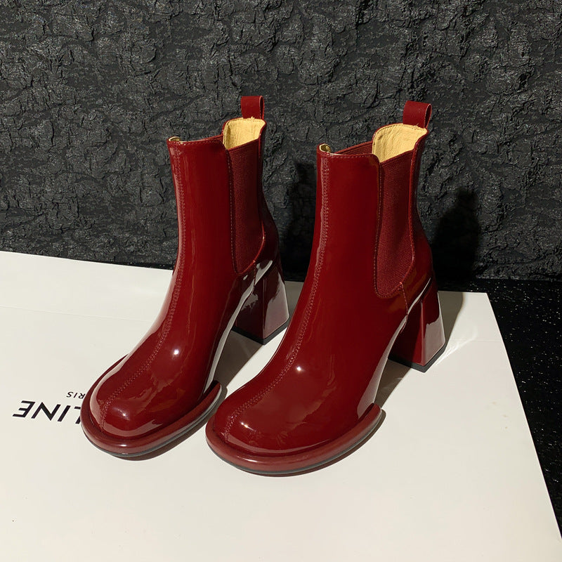 Womens Glossy Chimney Boots | Thick Heels And Patent Leather Short Boots