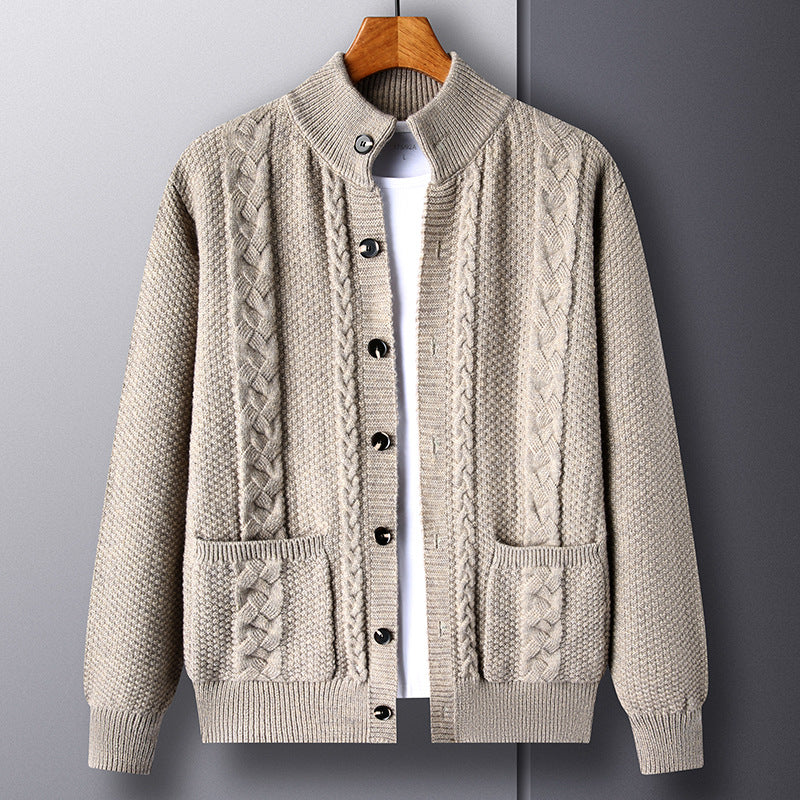Mens Thick Knit Cardigan Retro Jacquard Loose-fitting Sweater