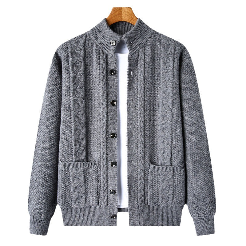 Mens Thick Knit Cardigan Retro Jacquard Loose-fitting Sweater