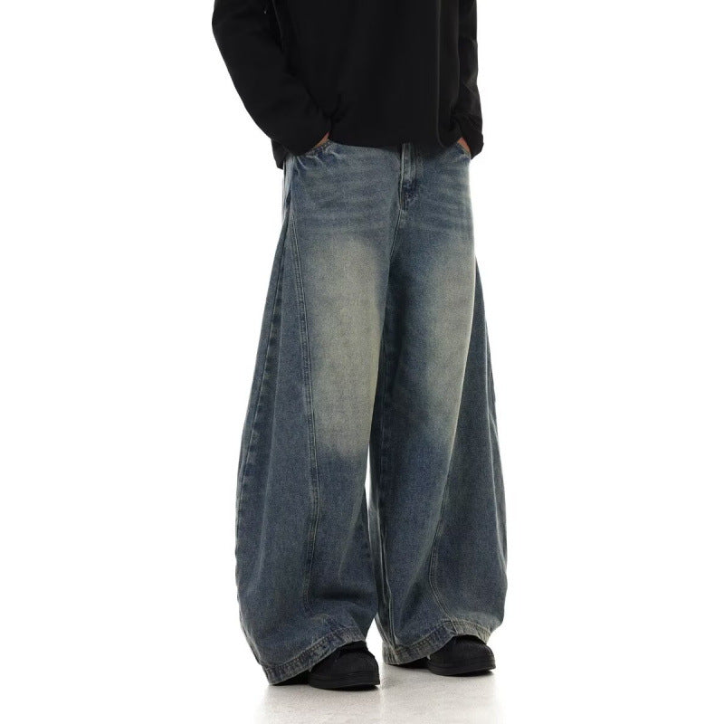 Mens Retro Washed Jeans | Comfy Wide Leg Loose Pants