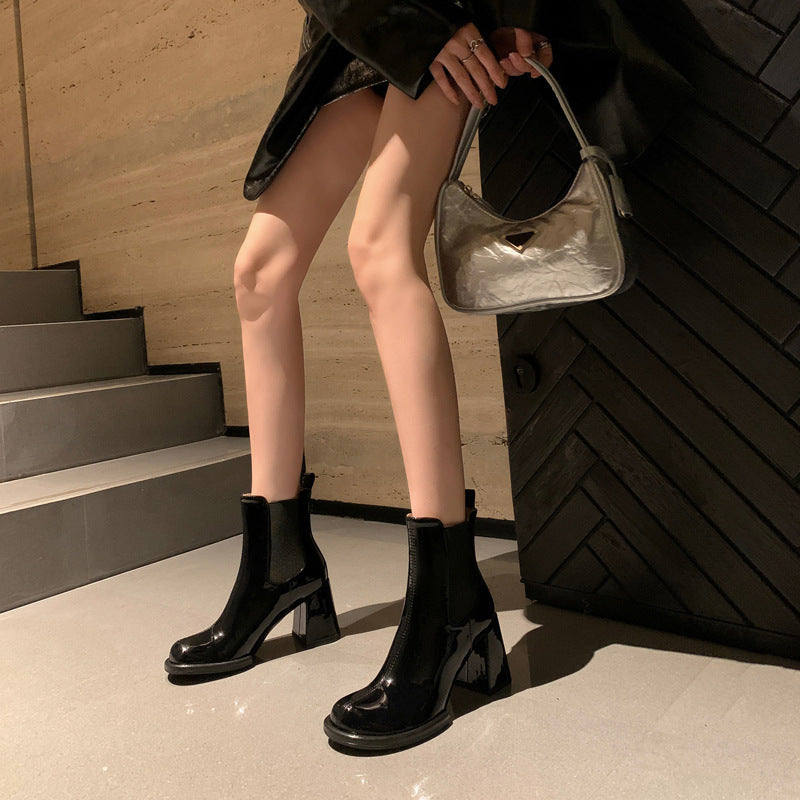 Womens Glossy Chimney Boots | Thick Heels And Patent Leather Short Boots
