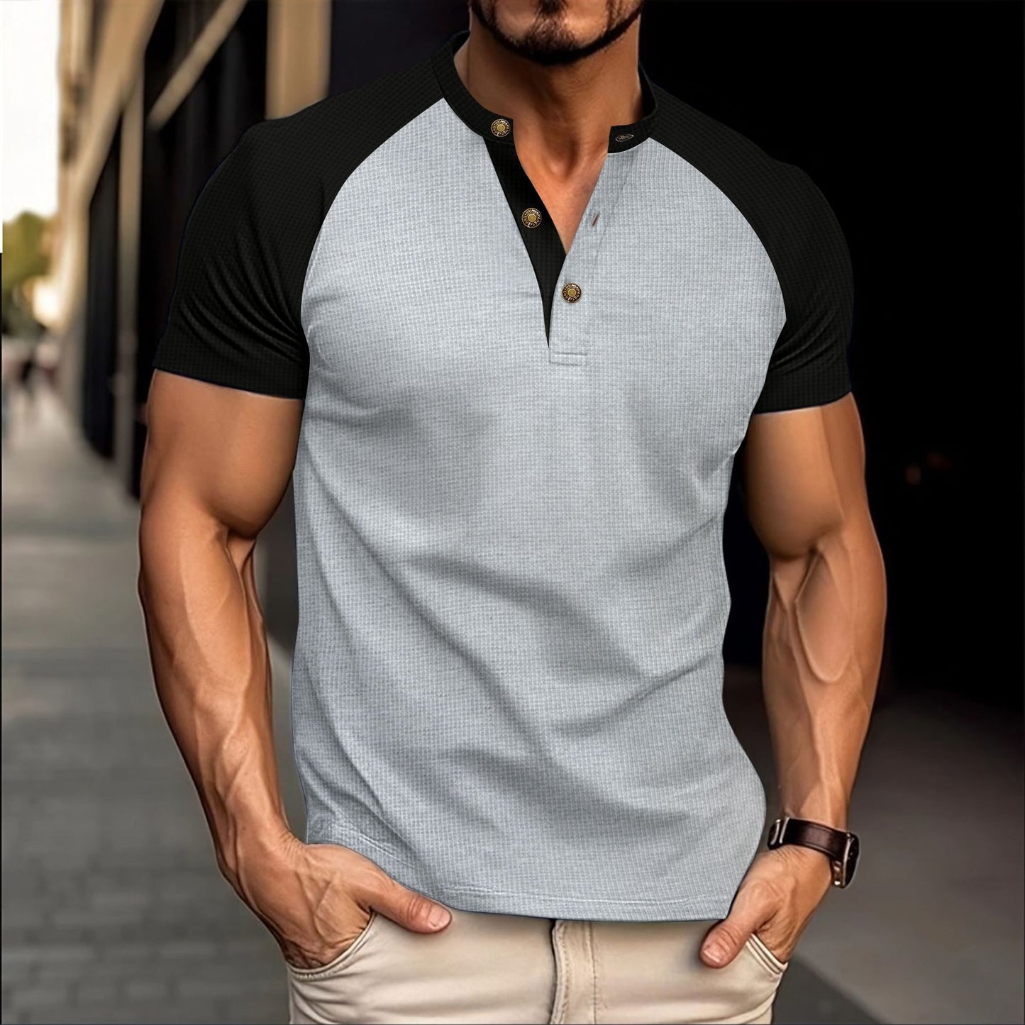 Men's Slim-fit Breathable Tee | Casual Waffle Round Neck Short-sleeved T-shirt