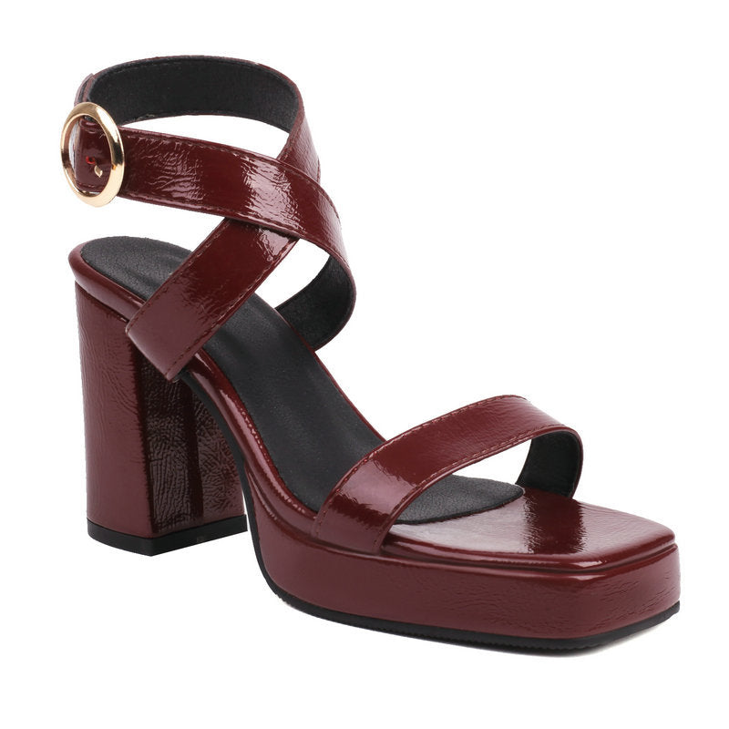 Womens Square Toe Cross Buckle Chunky Heel Summer Sandals