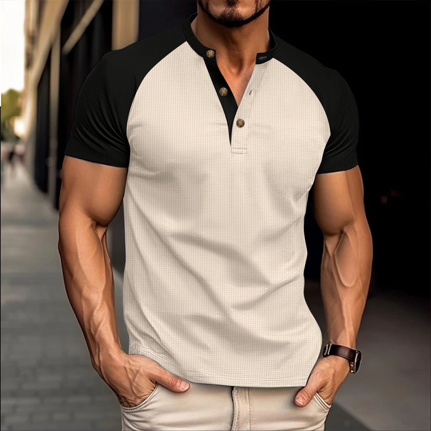 Men's Slim-fit Breathable Tee | Casual Waffle Round Neck Short-sleeved T-shirt