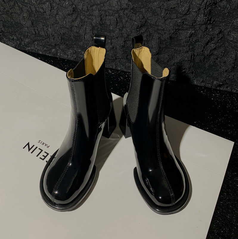 Womens Glossy Chimney Boots | Thick Heels And Patent Leather Short Boots